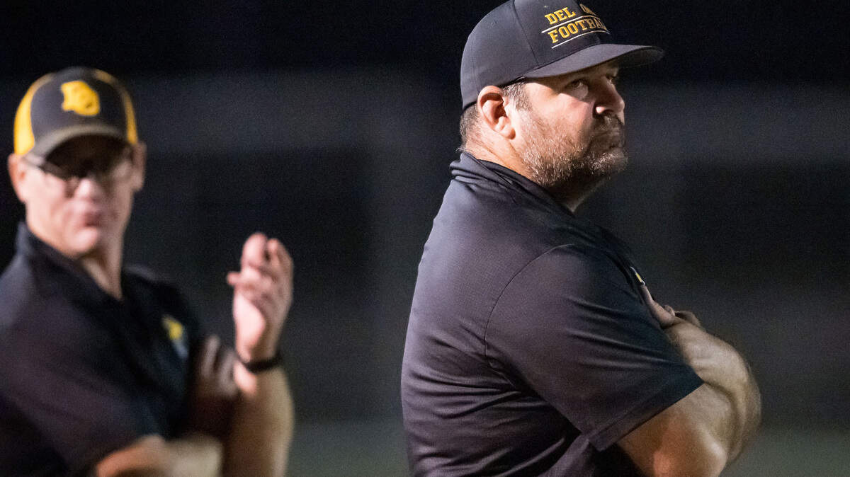 Del Oro Golden Eagles head coach Mike Maben looks over towards the scoreboard in the third quarter against the Casa Roble Rams on Sept. 15, 2023, at Casa Roble High School in Orangevale.