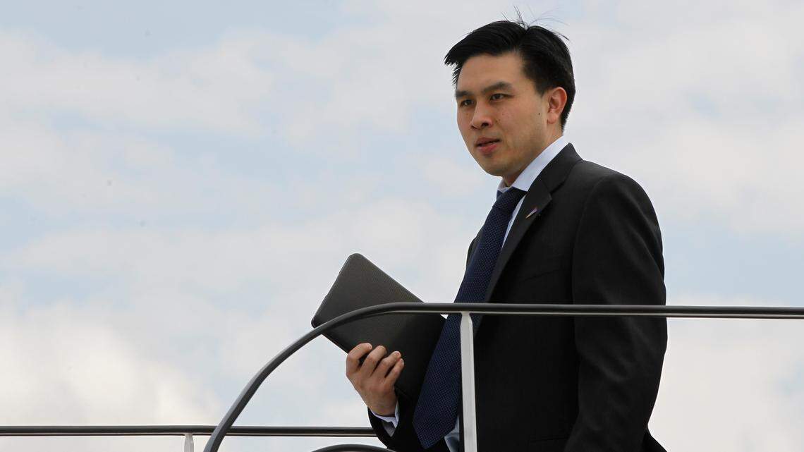 In this July 30, 2012, file photo, Lanhee Chen, then policy director for Republican presidential candidate Mitt Romney, deplanes in Gdansk, Poland. Chen, a longtime Republican policy adviser, is now the GOP candidate for for Controller in California.