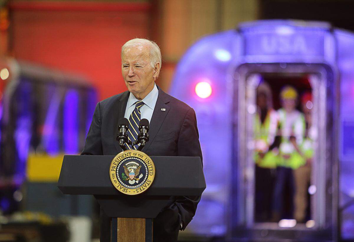 President Joe Biden speaks at the Amtrak Bear Maintenance Facility in Delaware on Monday, Nov. 6, 2023, about investments being made in the passenger railroad’s infrastructure.