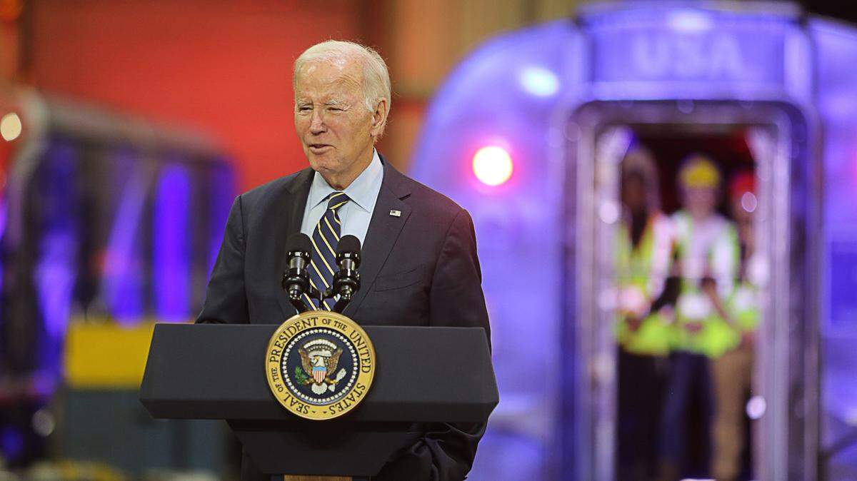President Joe Biden speaks at the Amtrak Bear Maintenance Facility in Delaware on Monday about investments being made in the railroad’s infrastructure. A new poll shows that California voters disapprove of his job performance on several key issues.