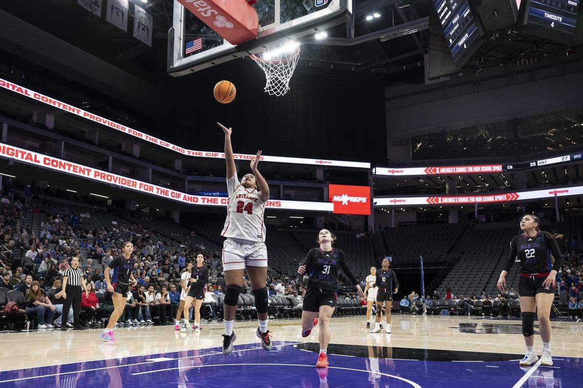 Antelope’s Londyn Odom shoots the ball the CIF Sac-Joaquin Section Division II girls basketball championship against Christian Brothers at Golden 1 Center on Friday. The two teams were top-ranked by The Sacramento Bee all season but both were eliminated from the CIF Northern California Regional tournament in Tuesday’s first round.