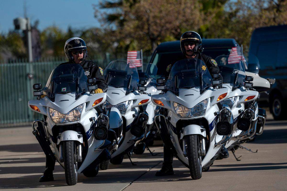 Motorcycle Officers lead the procession following the funeral of Tyler Lenehan, 44, on Feb 1, 2022, in Roseville. The Elk Grove officer died Jan. 21, following a traffic collision on Highway 99 near 47th Avenue in Sacramento.