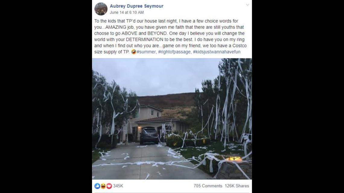 Aubrey Dupree Seymour had “a few choice words” for teens who plastered her San Clemente, California, home in toilet paper, such as “amazing job,” in a viral Facebook post.