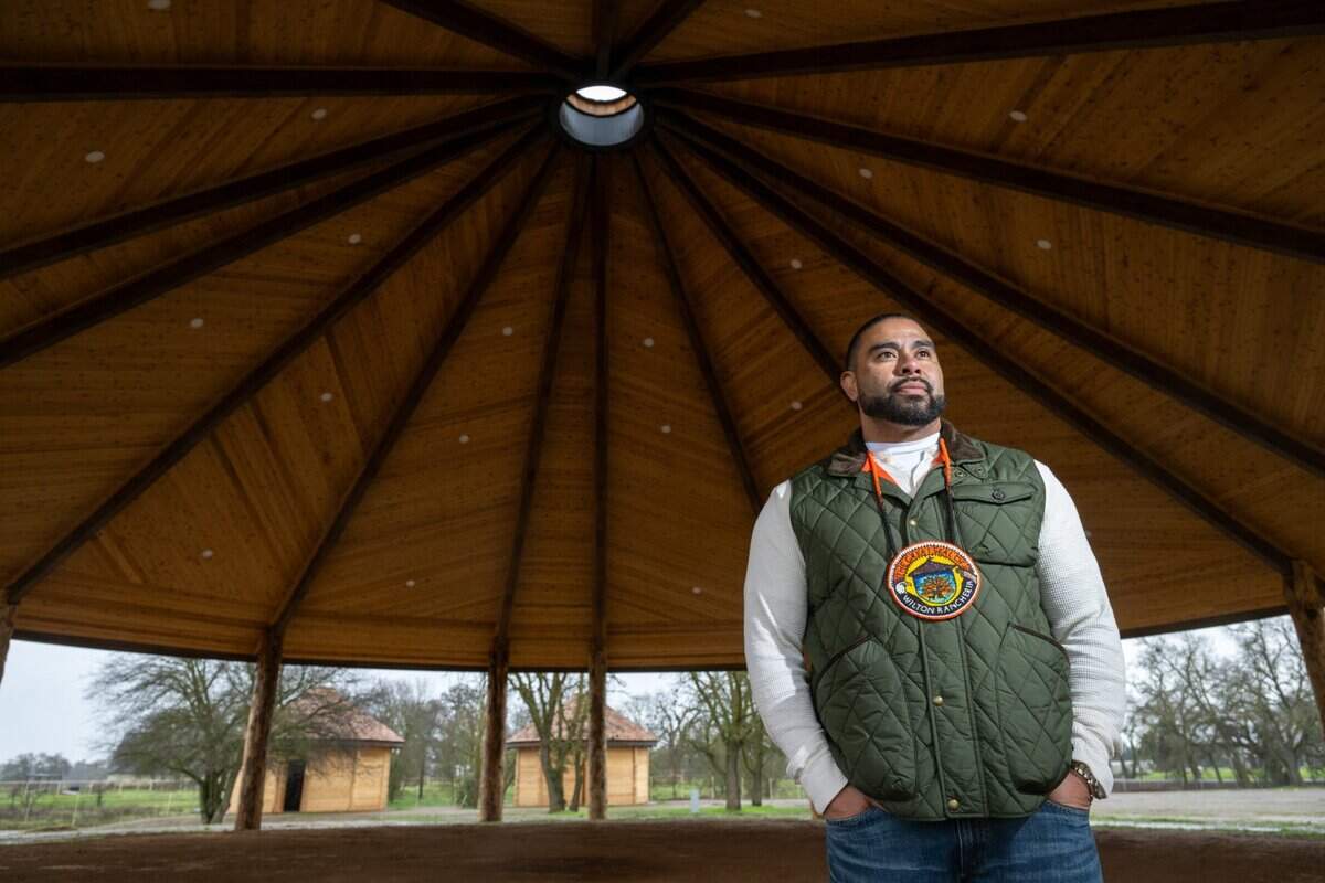 Wilton Rancheria tribal chairman Jesus Tarango stands under the newly constructed dance arbor at the Wilton Rancheria on Thursday, Feb. 6, 2025.