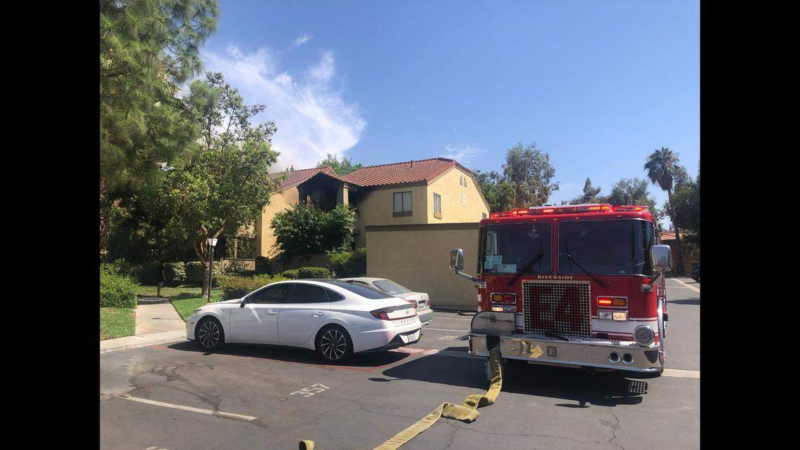 A California man made a homemade blowtorch using wasp insecticide to remove a wasp nest, setting fire to the balcony and injuring himself, officials said. (Photo from Riverside Fire Department)