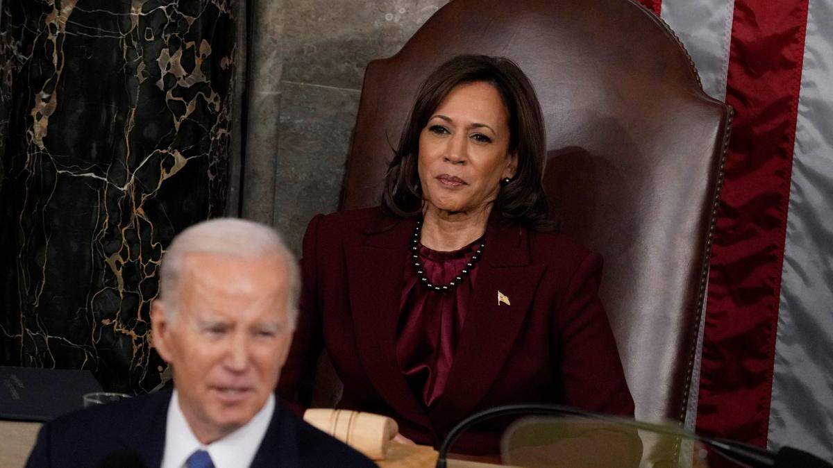 Vice President Kamala Harris listens as President Joe Biden speak during the State of the Union address Feb. 7, 2023, from the House chamber of the United States Capitol in Washington.