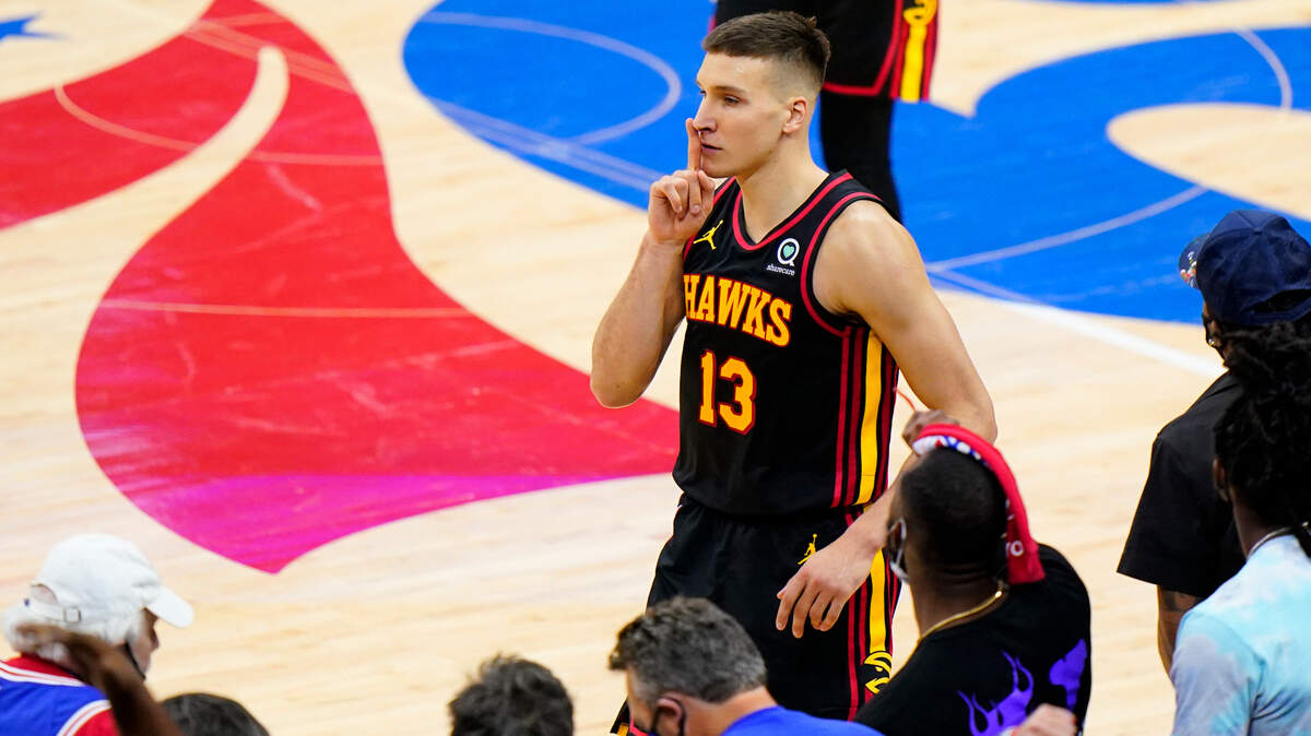 Atlanta Hawks’ Bogdan Bogdanovic reacts after making a basket during the second half of Game 1 of a second-round NBA basketball playoff series against the Philadelphia 76ers, Sunday, June 6, 2021, in Philadelphia. (AP Photo/Matt Slocum)