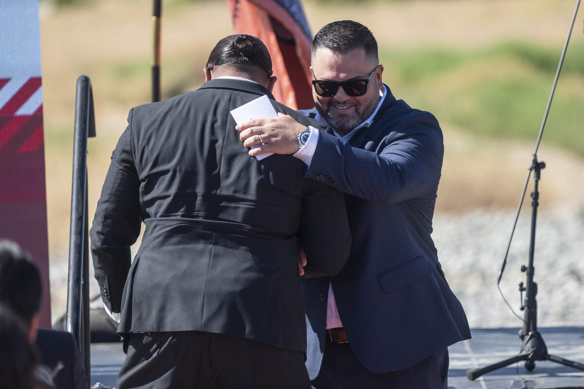 Wilton Rancheria Chief Operating Officer Chris Franklin hugs Jesus Tarango, Wilton Rancheria’s CEO, during a groundbreaking for Republic FC’s new stadium in the Railyards in Sacramento on Monday.