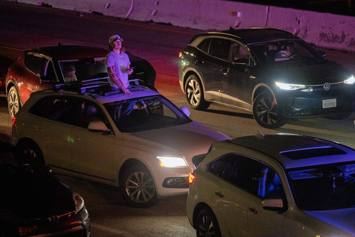 Traffic was backed up after a medevac helicopter with three people crashed on eastbound Highway 50 near 44th Street on Monday in Sacramento.