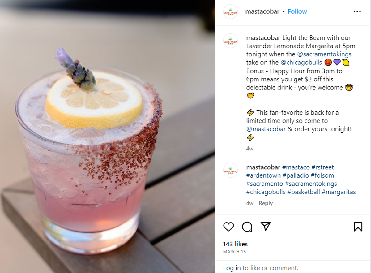 Mas Taco Bar’s Lavender Lemonade Margarita.