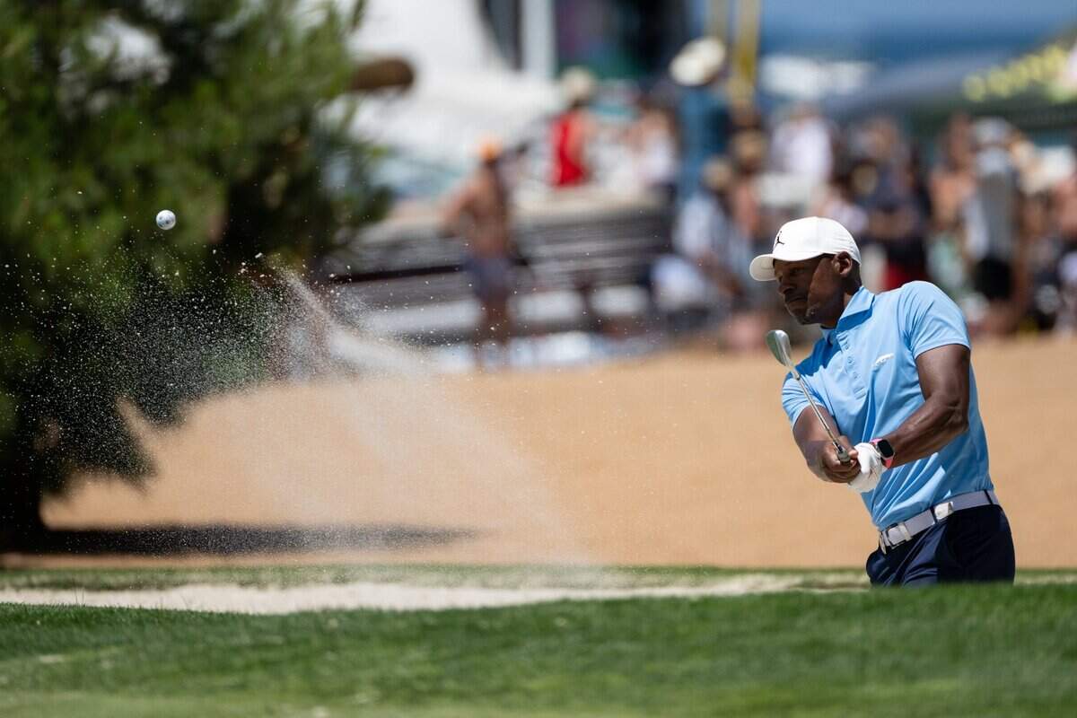 Former NBA player Ray Allen hits out of a sand trap on the 17th hole during the American Century Championship celebrity golf tournament at Edgewood Tahoe Resort in Stateline, Nev., on Friday, July 11, 2025.