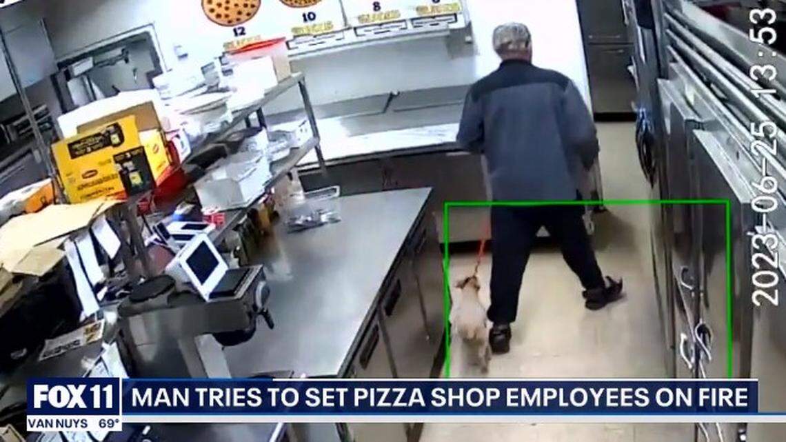 A pizza chef at a Thousand Oaks restaurant escaped a man with a knife trying to set him on fire, California sheriff’s officials say.