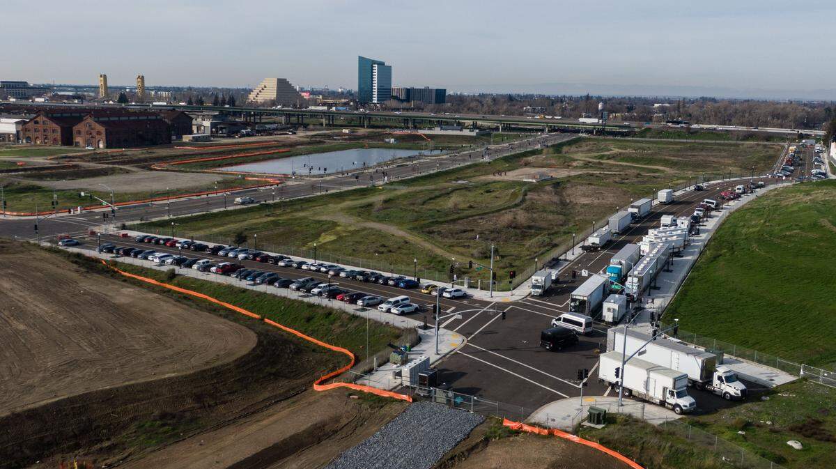 The staging area for the film "One Battle After Another," starring Leonardo DiCaprio and Sean Penn, is filled with trucks and trailers north of downtown Sacramento in February 2024.