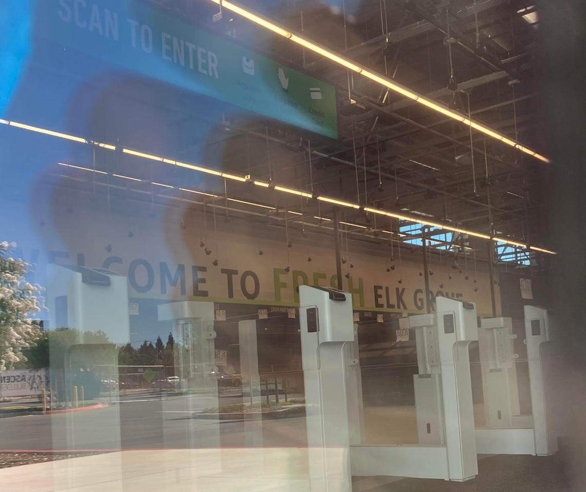 At the planned Amazon Fresh location in Elk Grove in July 2023, signage and fixtures are seen installed in the empty store. The company announced that the store would open on Sept. 12, 2024.