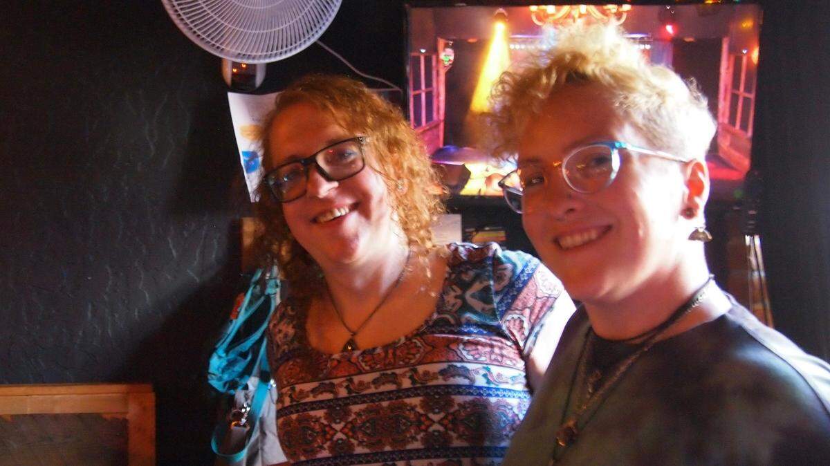 Rebecca Barry, left, and karaoke jockey Quinn Linkhart at work in the soundbooth of Placerville’s Green Room Social Club. Barry, a trans woman, hosts monthly queer community socials to foster solidarity in a city that politically leans conservative.