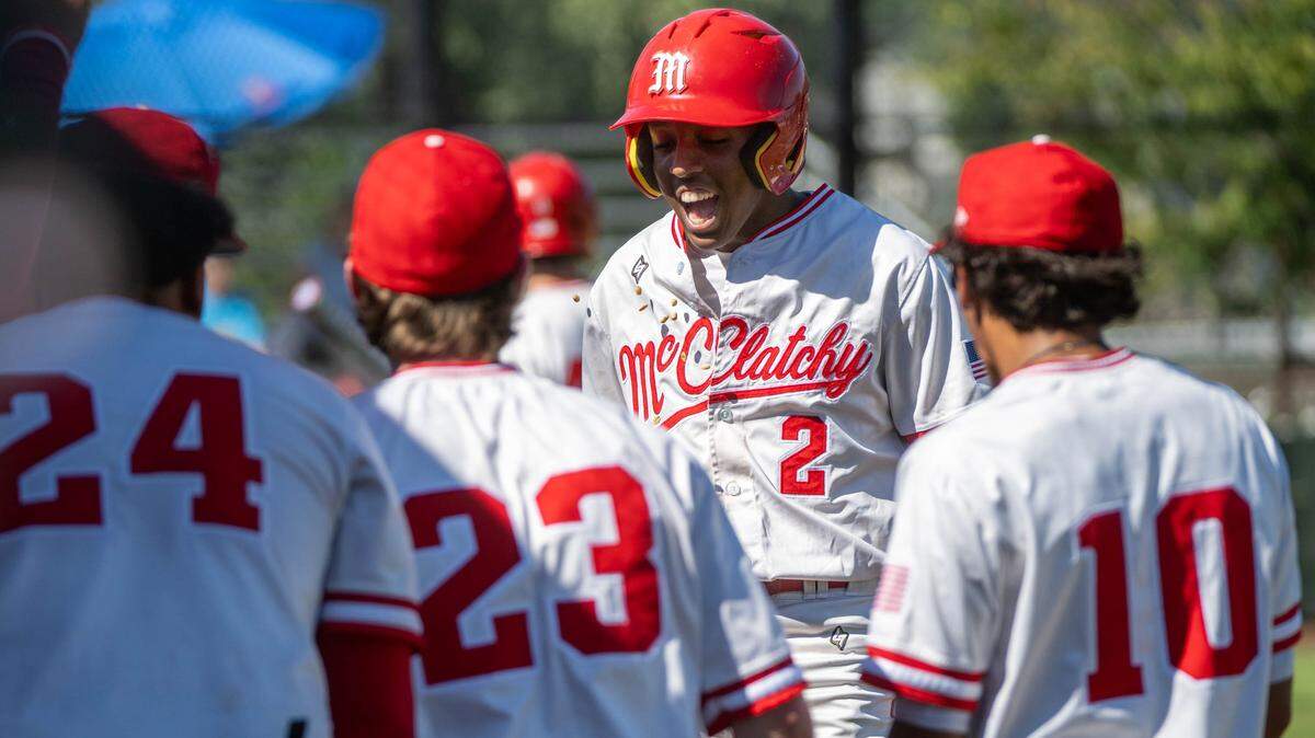 McClatchy's Antonio Barber celebrate scoring against Oak Ridge during the CIF Sac-Joaquin Section Division I baseball playoff game at McClatchy High School on Friday in Sacramento.