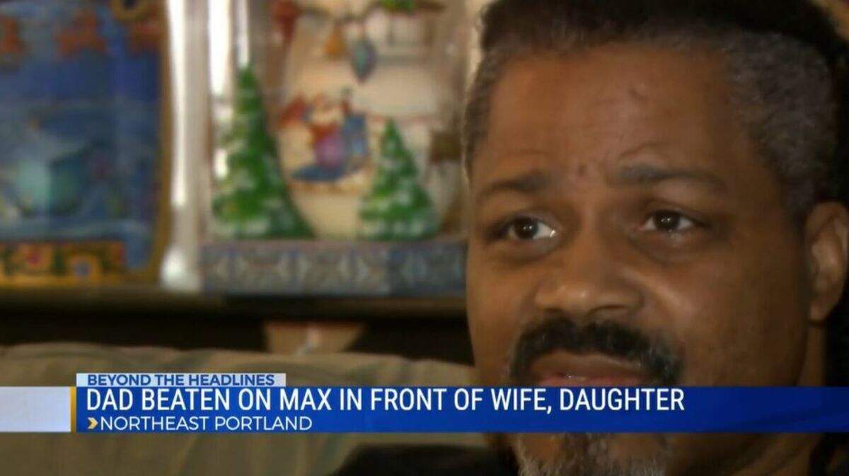 Robert Valentino, shown in a KOIN video screengrab, suffered a broken jaw when teenagers on a commuter train beat him after he asked them to turn down their loud music, Oregon police say.
