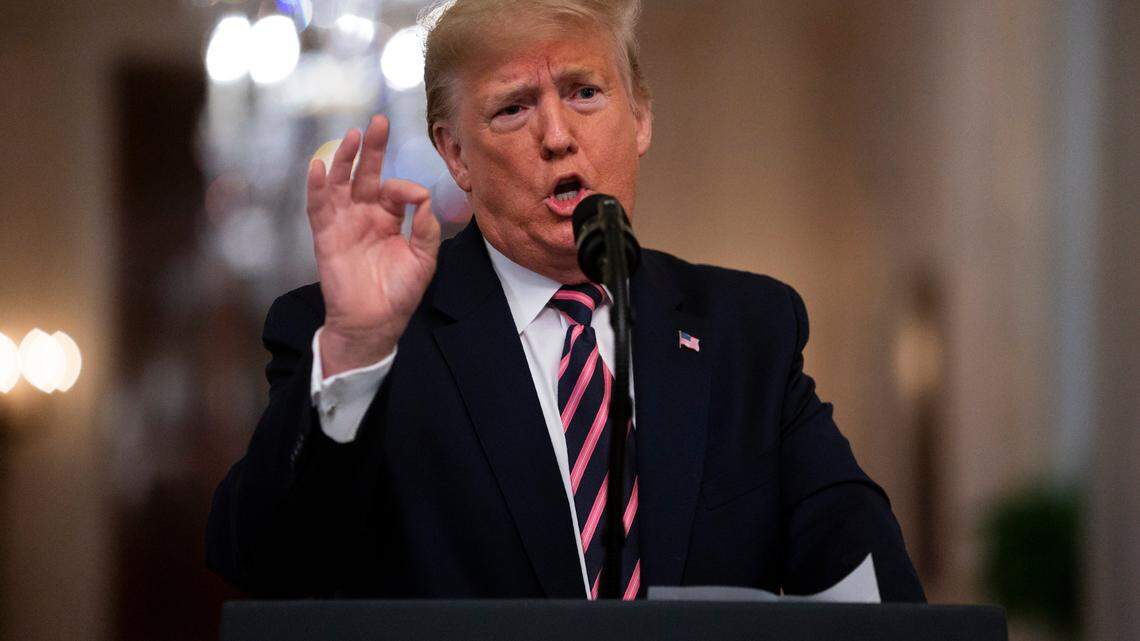 President Donald Trump speaks in the East Room of the White House, Thursday, Feb. 6, 2020, in Washington. Trump spoke for more than an hour at the White House, where he thanked a number of GOP lawmakers by name for supporting him throughout his impeachment that ended with his acquittal Wednesday by the Senate. (AP Photo/Evan Vucci)