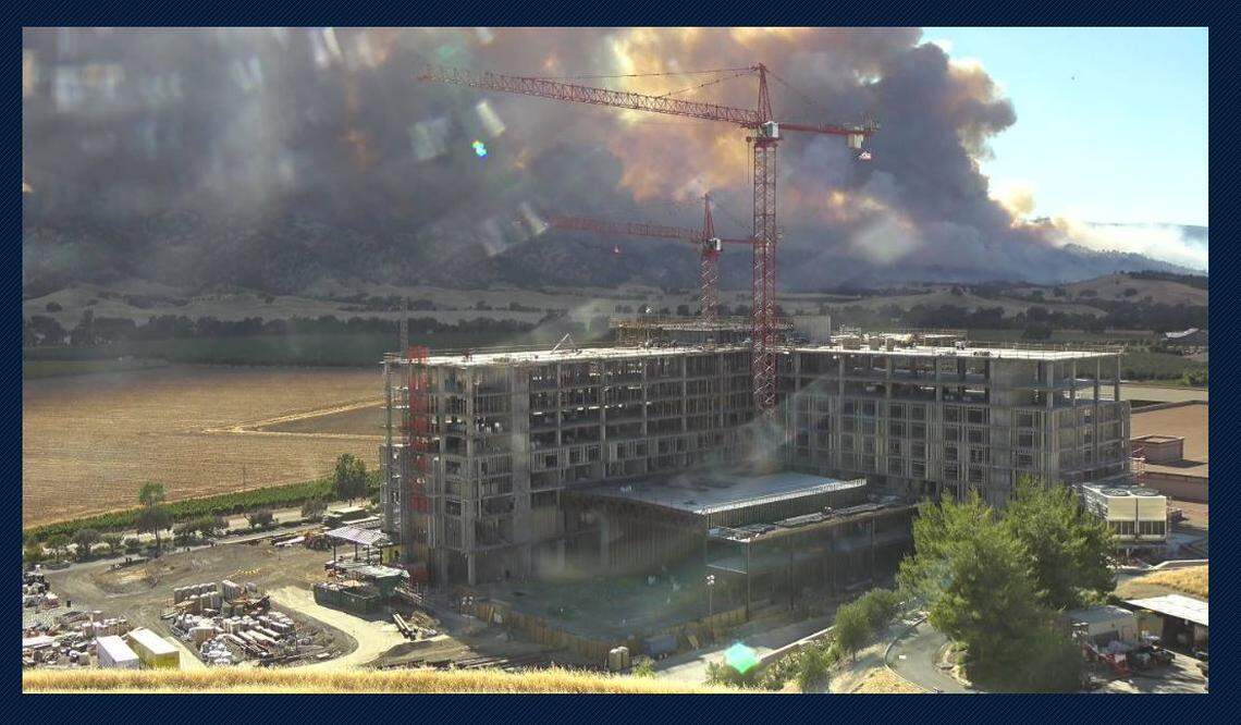 Screenshot of a live webcam set up to monitor expansions to Cache Creek Casino, showing the Guinda Fire in the background. on Saturday, June 30, 2018.