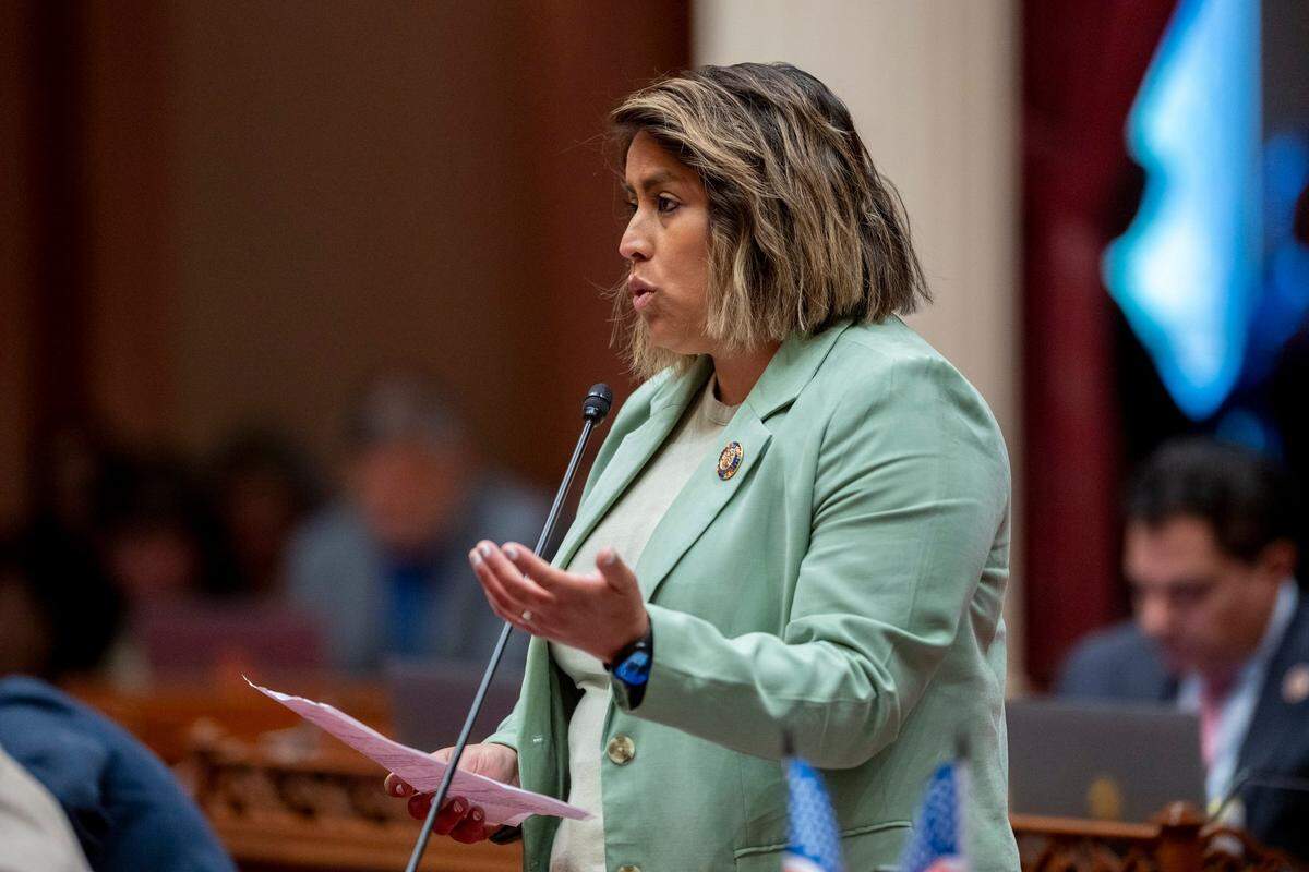 State Sen. Caroline Menjivar, D-Panorama City, delivers remarks during a debate on the California budget proposal at the Capitol on Friday. Menjivar declined to vote on the budget.