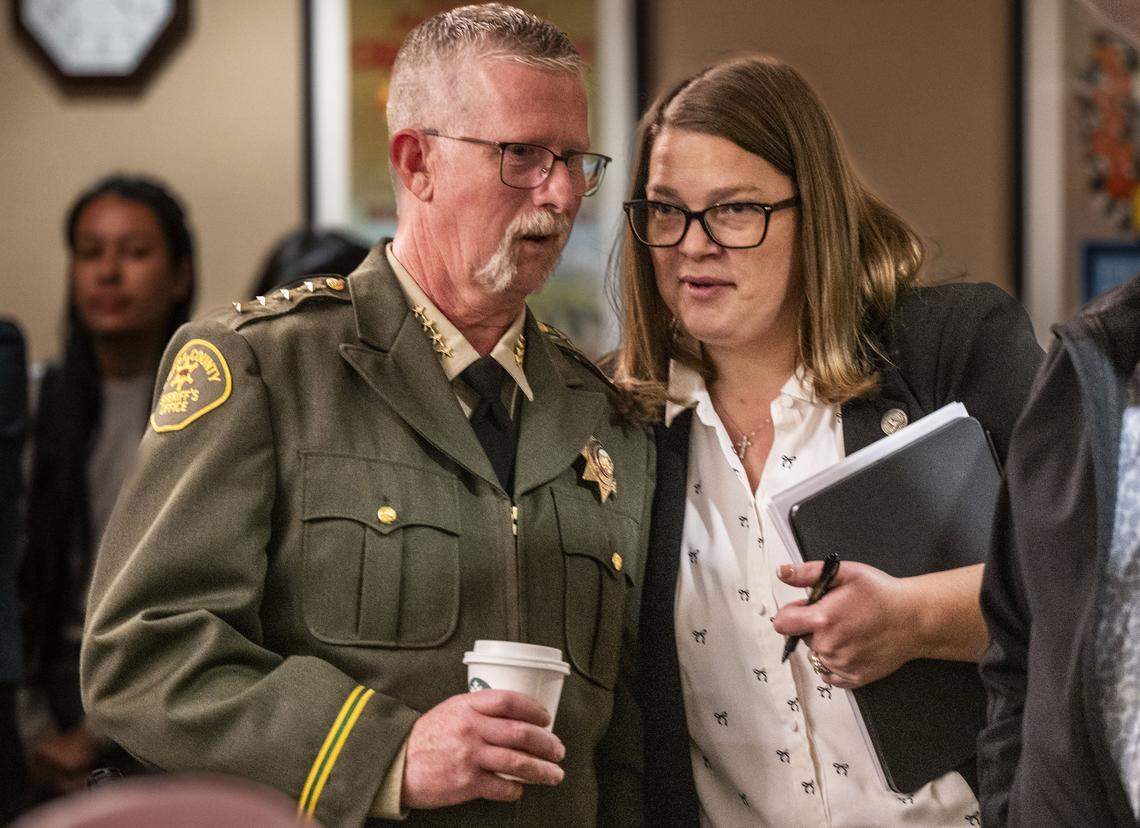 Sierra County Sheriff Mike Fisher and Assemblymember Heather Hadwick, R-Alturas, speak during the Assembly Committee meeting on Water, Parks and Wildlife on Tuesday. Fisher was there to testify about the wolf attacks in his county.