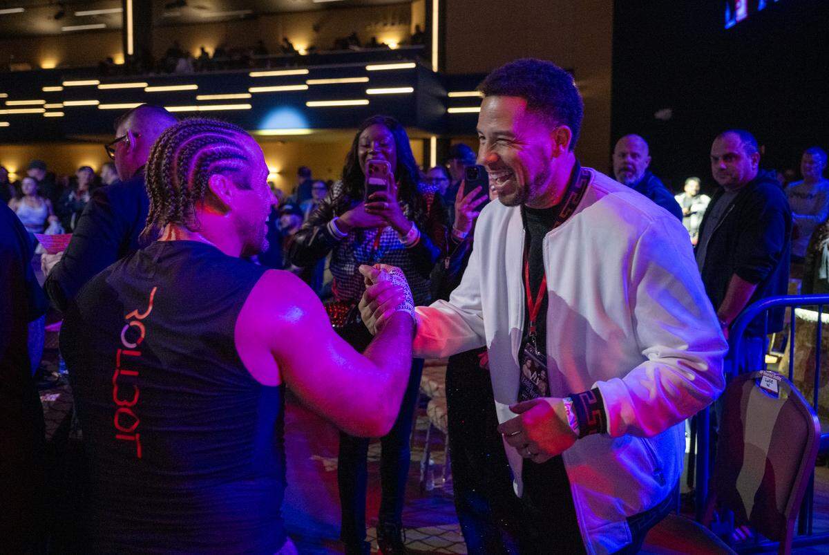 Urijah Faber embraces Sacramento State President Luke Wood after Faber defeated Francisco Rivera Jr. in the main event of the lightweight Combat Jiu-Jitsu competition at the Hard Rock Hotel & Casino Sacramento at Fire Mountain near Wheatland on Friday, Jan. 30, 2026.