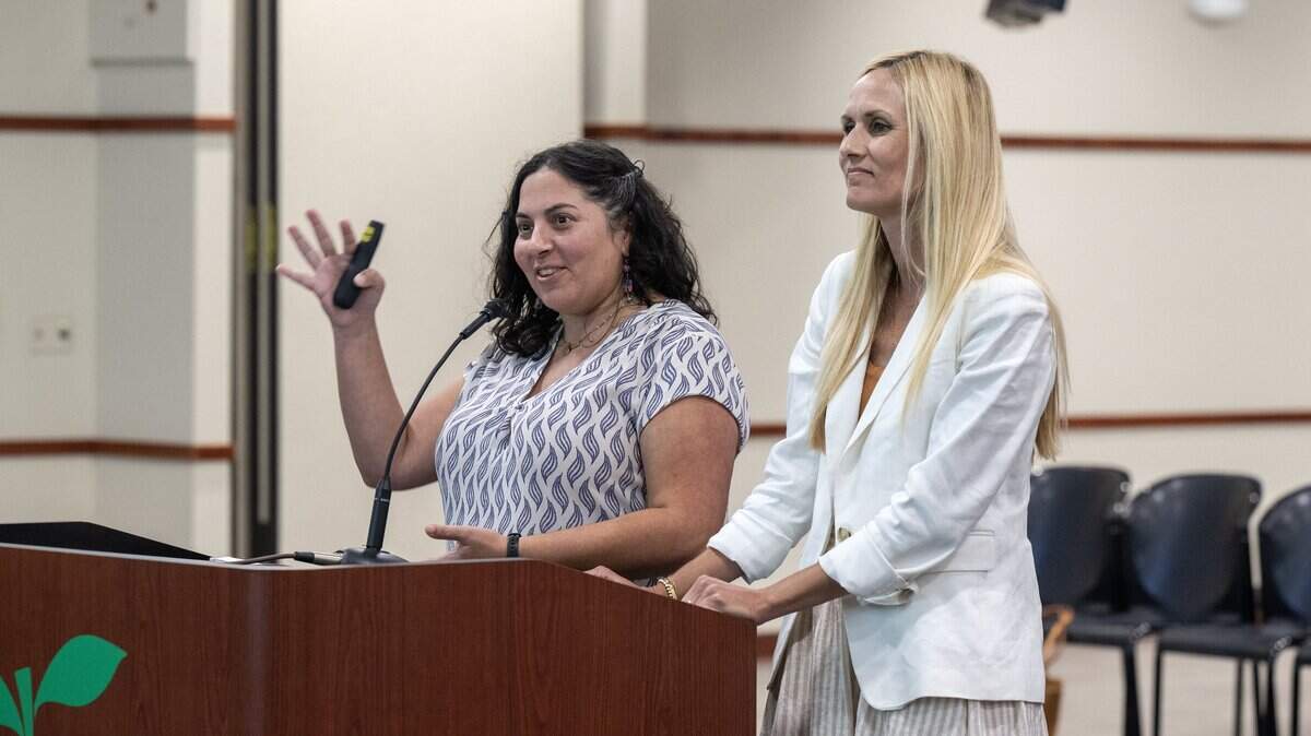 Amanda Goldman, left, director of Innovative Schools for the Sacramento City Unified School District, and lawyer Leslie Lacher present during a SCUSD school board meeting on Thursday.