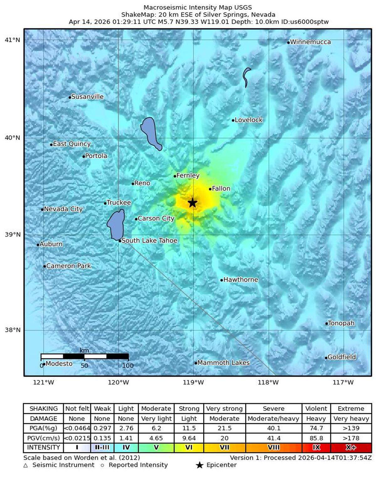 A ShakeMap of an earthquake in a remote part of Nevada that struck at 6:39 p.m. Pacific time on Monday, April 13, 2026.