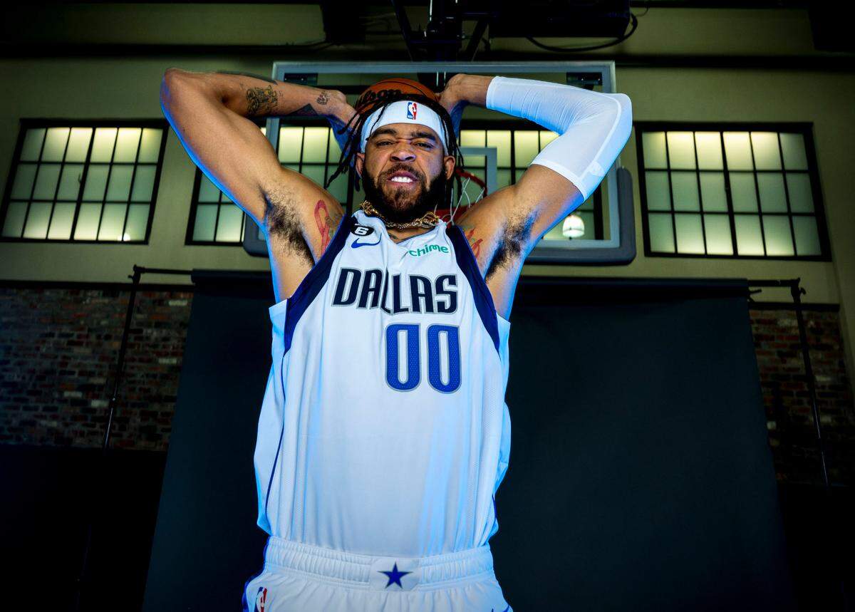 JaVale McGee (00), who is now a member of the Sacramento Kings, poses for a photo during the Dallas Mavericks 2022 media day at the American Airlines Center in Dallas.