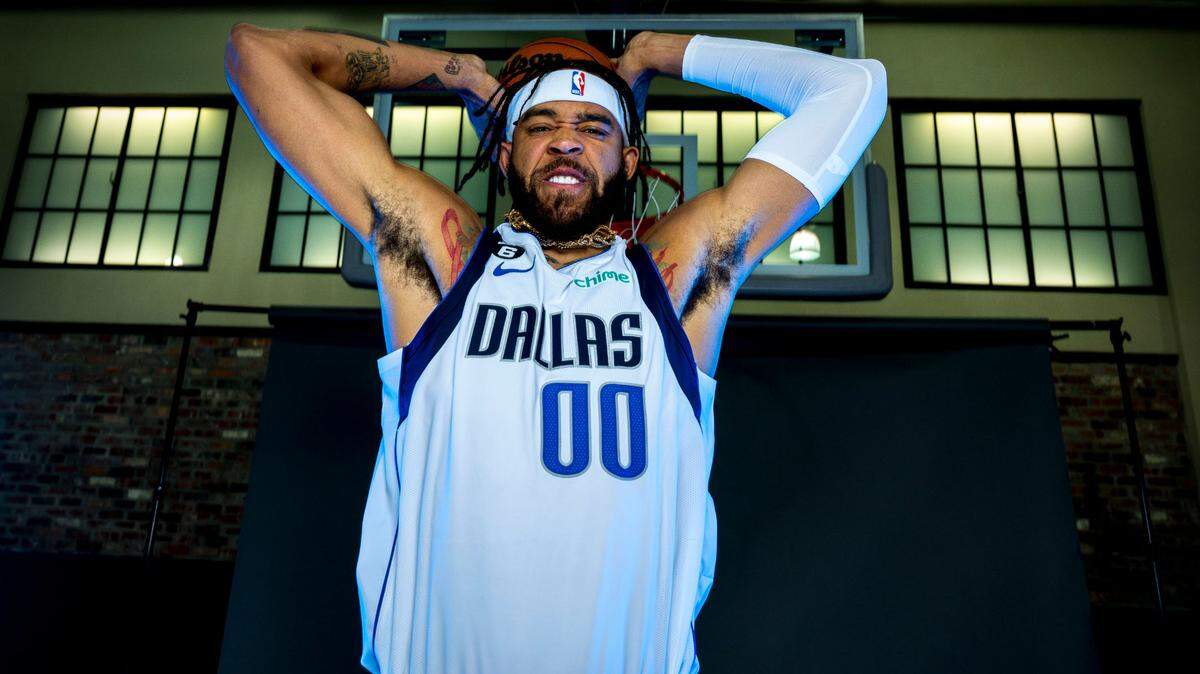 JaVale McGee (00), who is now a member of the Sacramento Kings, poses for a photo during the Dallas Mavericks 2022 media day at the American Airlines Center in Dallas.