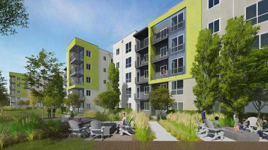 The mixed-use West Apartments complex, under construction across from Sutter Health ballpark in West Sacramento, will feature 287 residences in a five-story, wood-framed building.