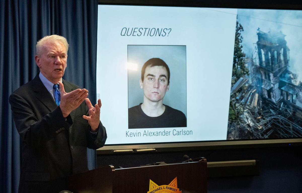 Butte County District Attorney Michael L. Ramsey discusses the investigation into Bidwell Mansion arson suspect Kevin Alexander Carlson during a press conference on Monday, Jan. 6, 2025, in Oroville after Carlson appeared in superior court.