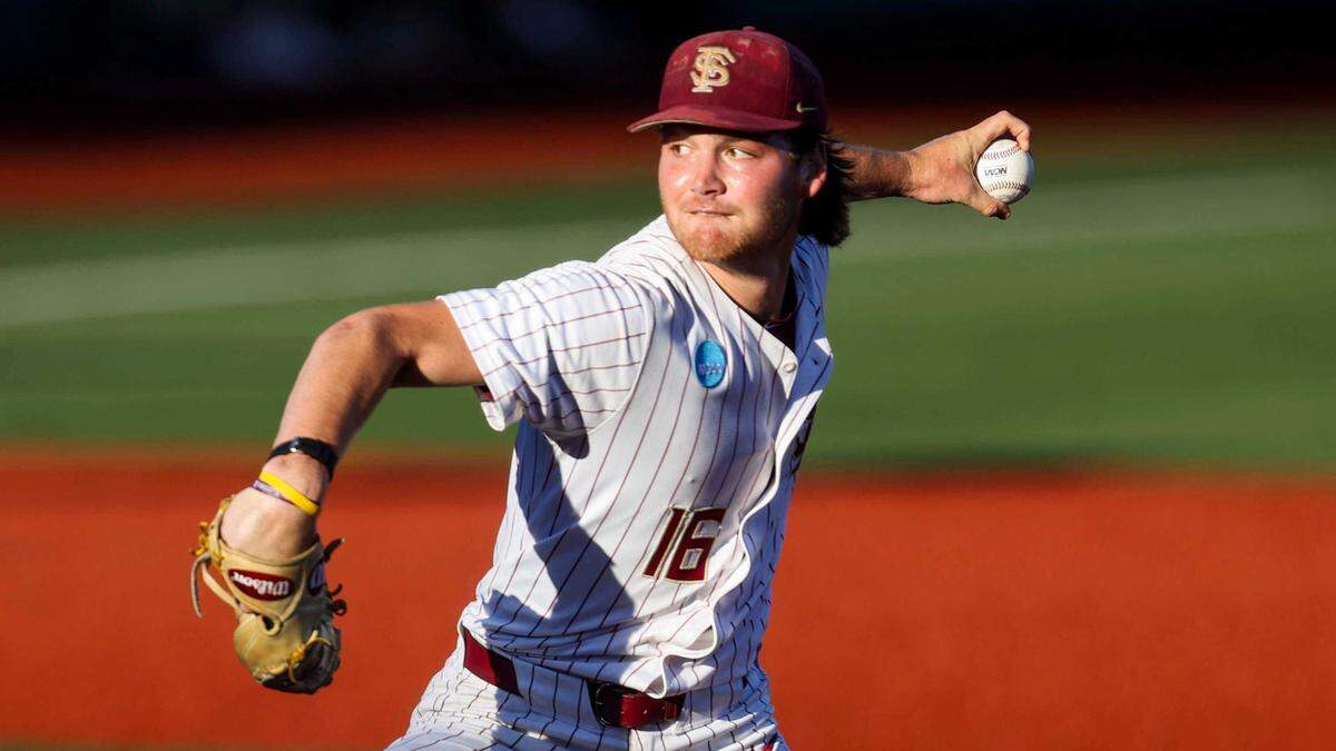 Florida State pitcher Jamie Arnold (16) delivers a pitch during Game 2 of the NCAA Super Regional against Oregon State on June 7 in Corvallis, Ore. The A’s selected Arnold with the 11th overall pick in the first round of the 2025 MLB draft.