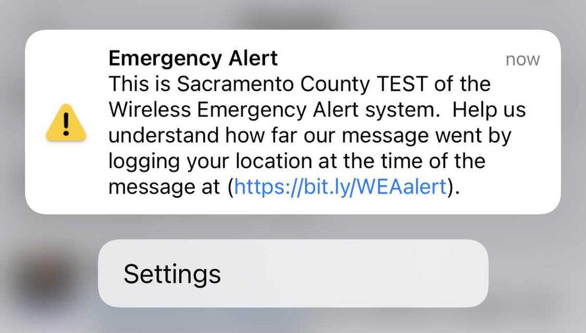 A phone alert for the Wireless Emergency Alert Test sent out by Sacramento County on Thursday, Aug. 25, 2022. Recipients were asked to complete a survey.