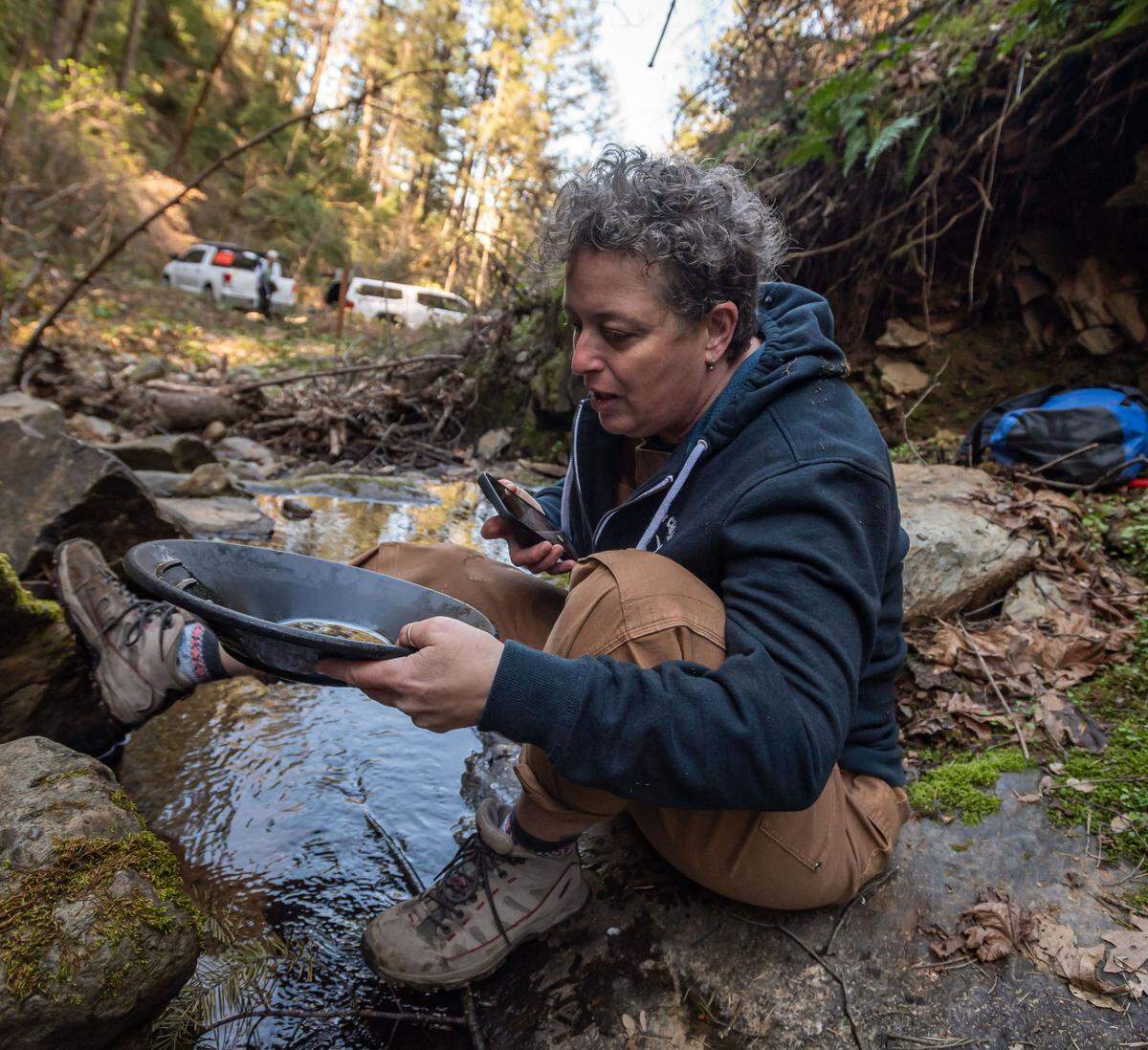 Laura Fierro, of Orangevale, is secretary of the River City Prospectors, a recreational club for gold panning and prospecting. She uses her phone to inspect her pan for gold while panning in a creek Saturday at an undisclosed Placer County location where her club has a claim staked.
