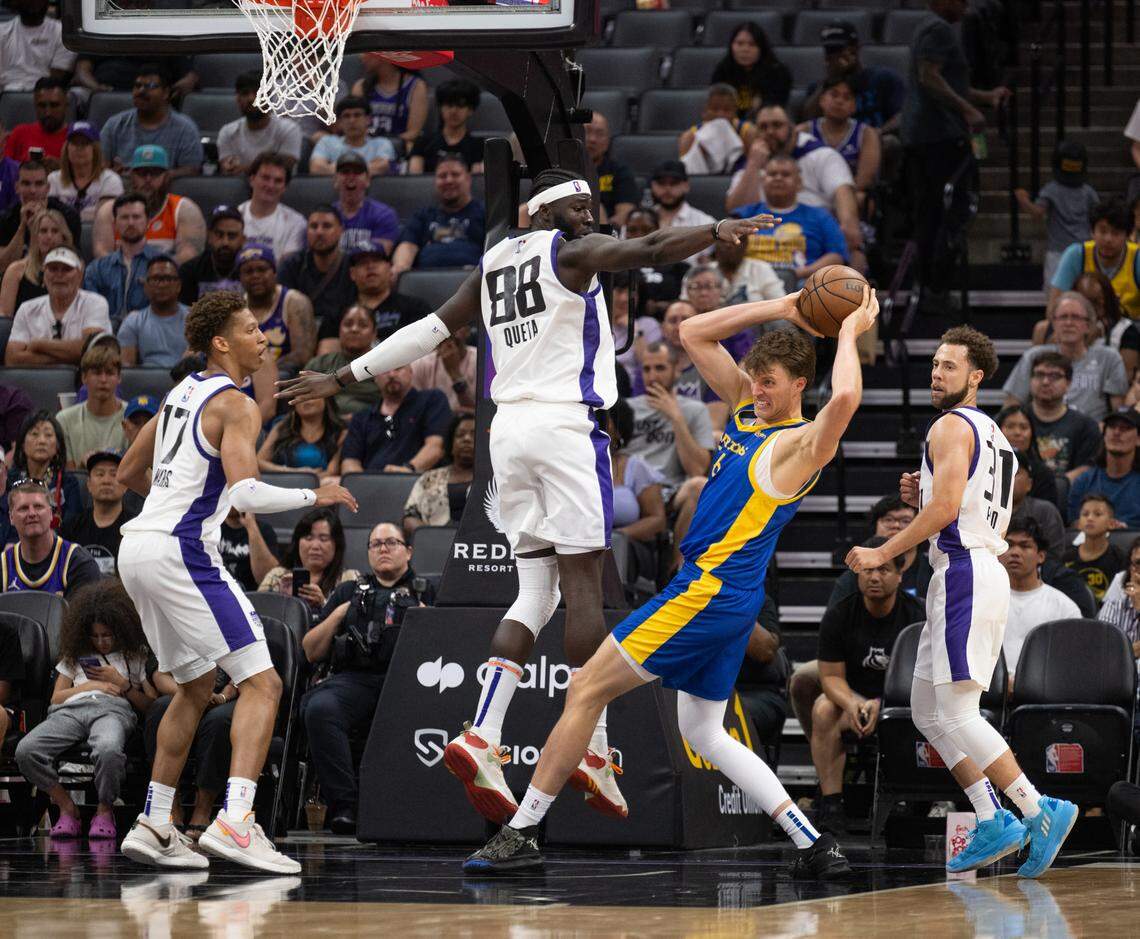 Sacramento Kings Neemias Queta blocks shots by Golden State Warriors Jayce Johnson during the California Classic Summer League at Golden 1 Center Monday, July 3, 2023 in Sacramento.