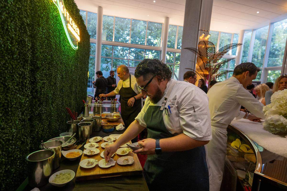 Jesus Piceno, of The Kitchen, prepares hors d’oeuvres at the Michelin Guide California 2025 reception on Wednesday, June 25, 2025 at the SAFE Credit Union Performing Arts Center.