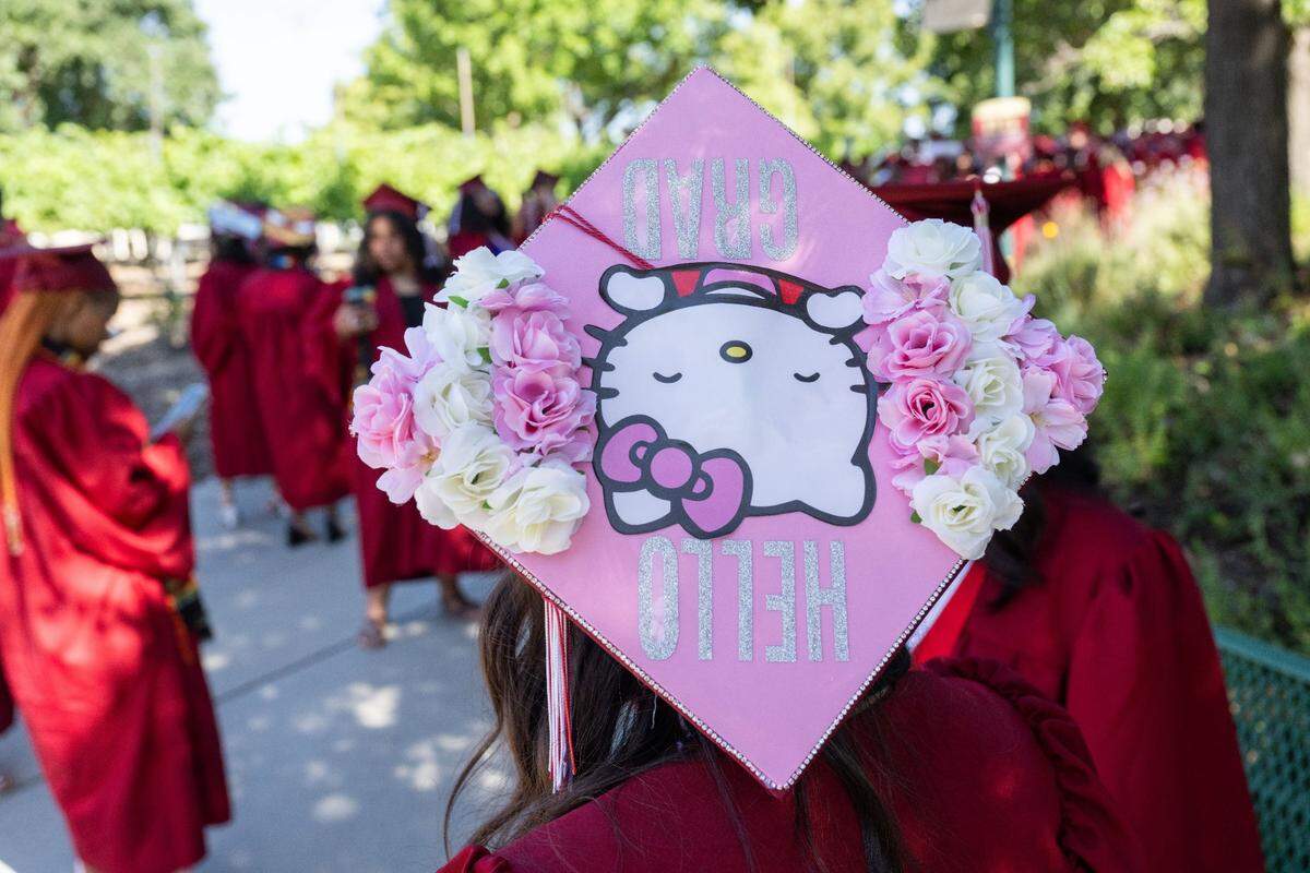 A C.K. McClatchy student wears a Hello Kitty mortarboard during the school’s commencement ceremony Tuesday.