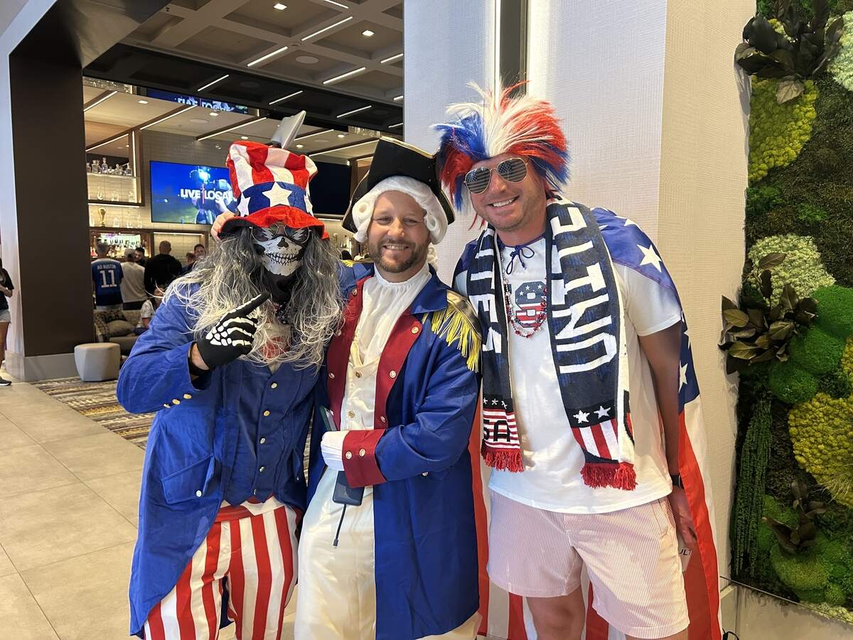 From left: Jeremy Tollas, Chris Snyder and Jason Luttrell pose for a photo as they attend a pregame party at Hilton Santa Clara prior to the World Cup Round of 32 game Wednesday between the U.S. and Bosnia and Herzegovina at Levi’s Stadium.