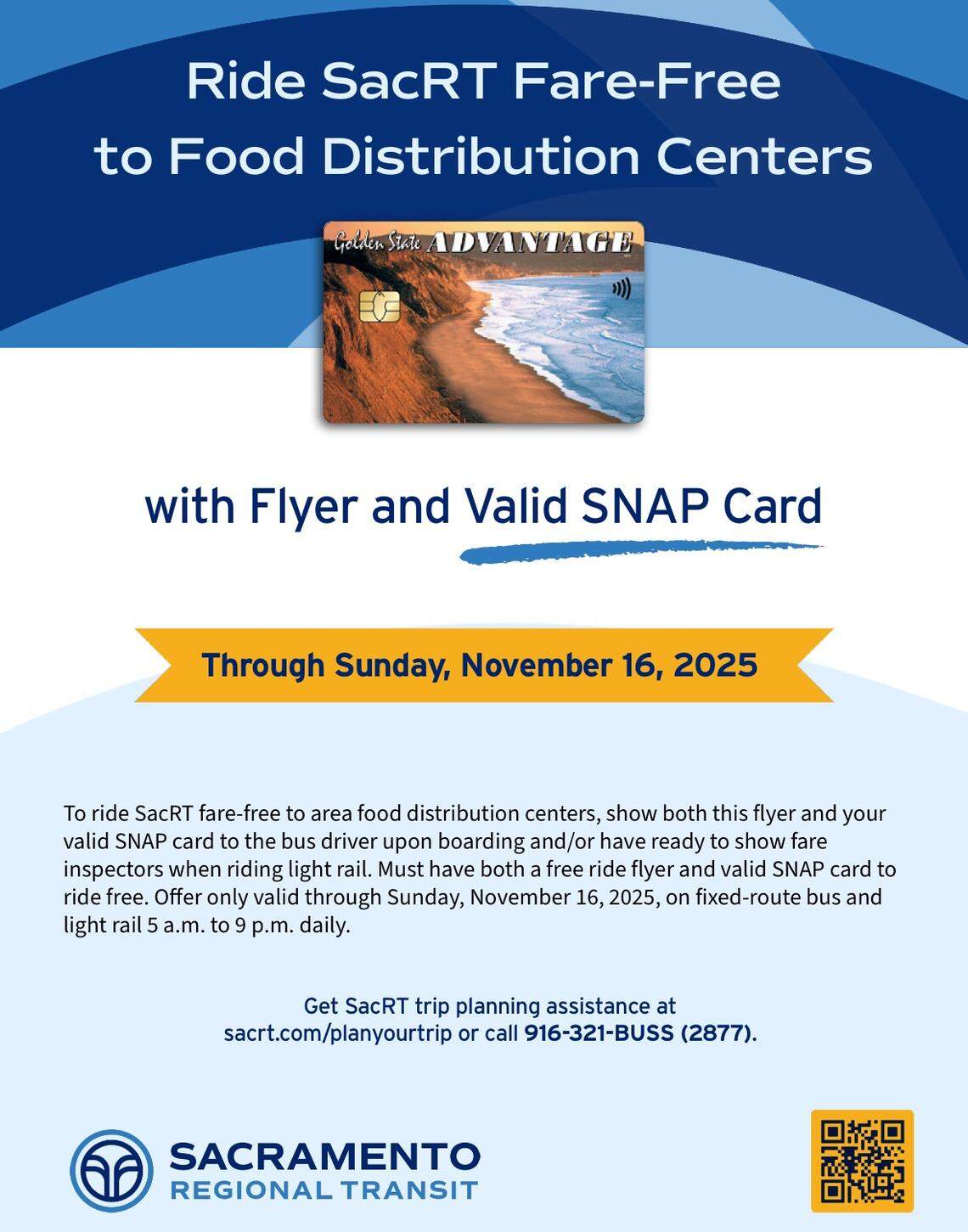 CalFresh enrollees can present their valid EBT card to ride free to a food distribution center as federal payments to the food assistance program are delayed due to the federal government’s shutdown.