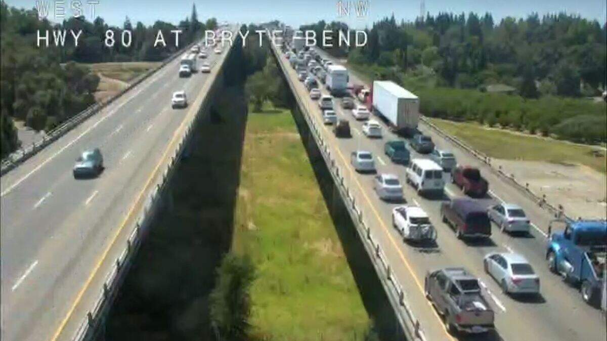 Traffic is backed up on westbound Interstate 80 at the Bryte Bend Bridge due to a four-vehicle collision involving major injuries, according to the California Highway Patrol.