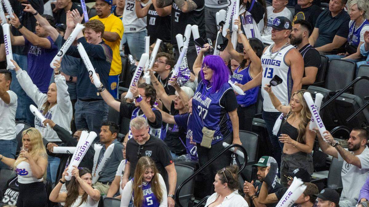 Sacramento Kings fans cheer on the team during Game 5 of the first-round NBA playoff series at Golden 1 Center on Wednesday, April 26, 2023.