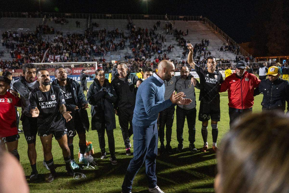 Mark Briggs Sacramento Republic FC head coach celebrates a 1-0 victory against New Mexico United during the USL Championship - Western Conference Quarterfinals on Saturday, Oct. 21, 2023 at Heart Health Park in Sacramento. Sacramento will play San Antonio next Friday at home.