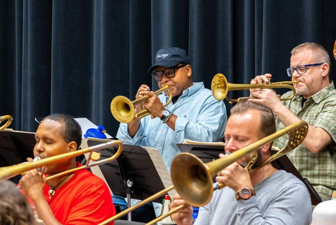 Wynton Marsalis, center, and the Jazz at Lincoln Center Orchestra hold a rehearsal at Rio Americano High School on Sunday, Sept. 11, 2022.
