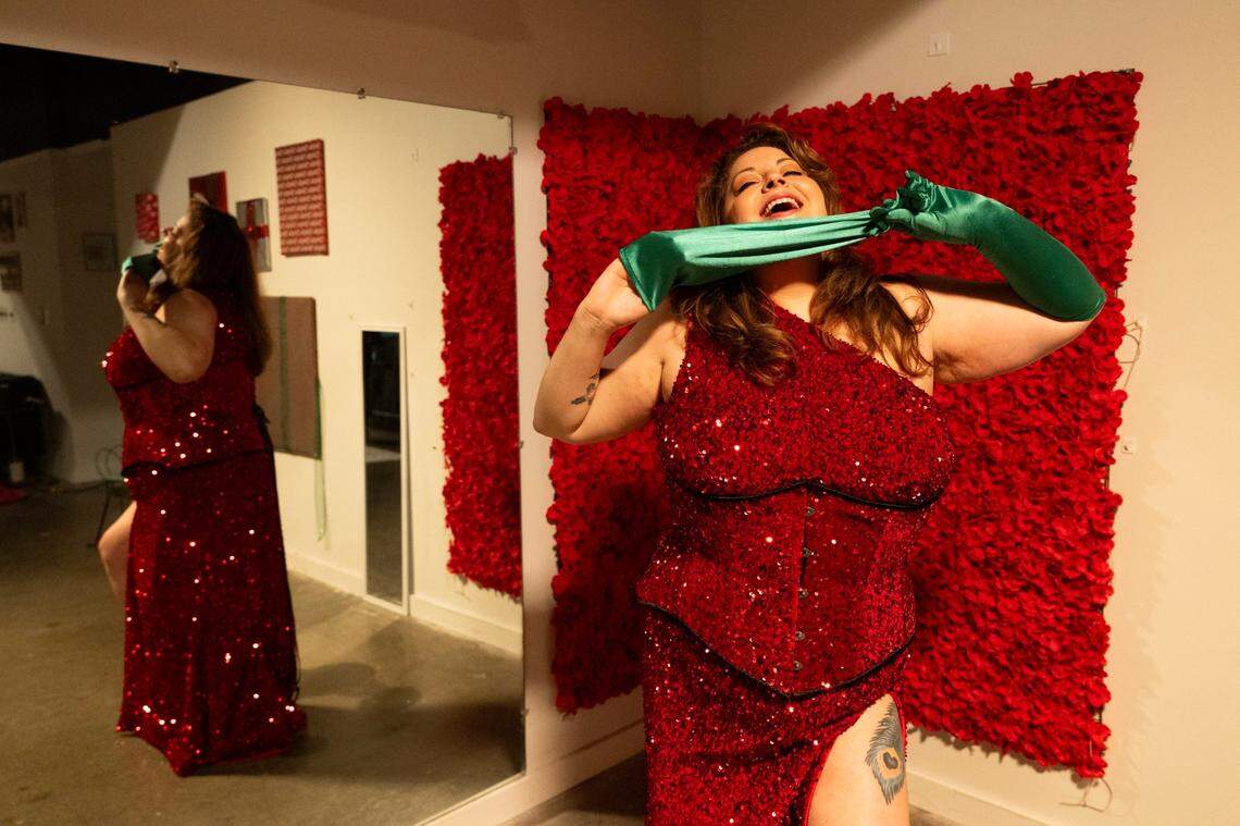 Camille Adams, aka “ChaCha Burnadette,” founder of the Darling Clementines burlesque and drag troupe, poses in their rehersal space in Old Sacramento earlier this month.