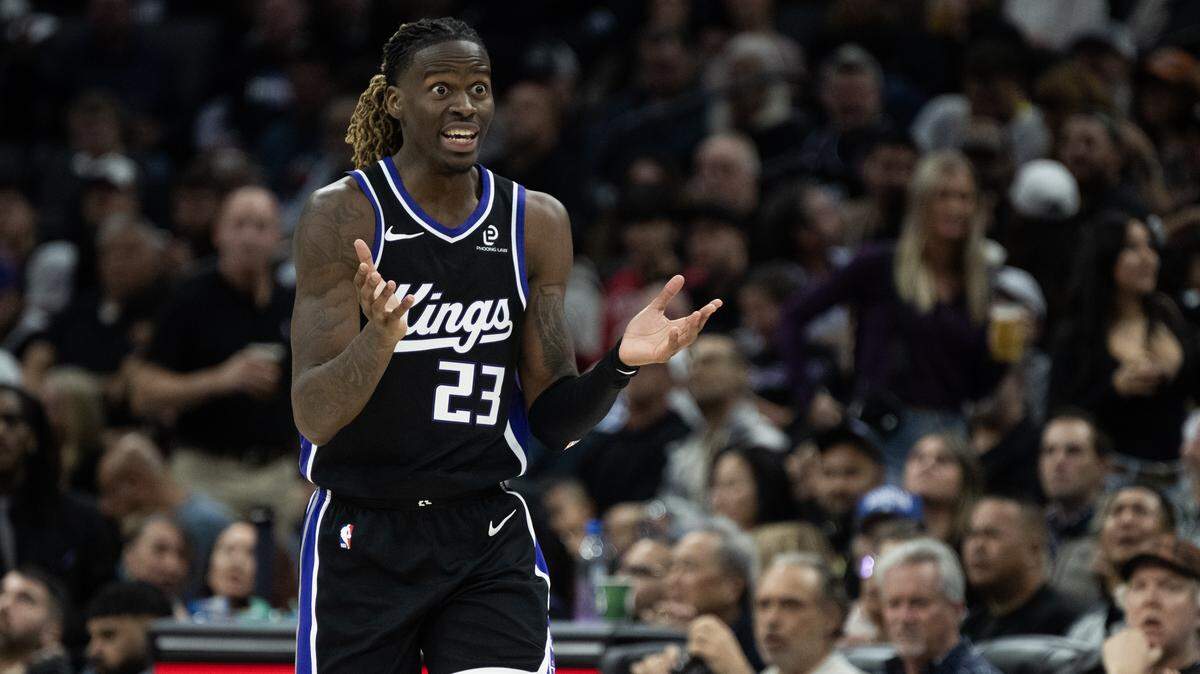 Sacramento Kings guard Keon Ellis (23) reacts after a foul is called on him against the Utah Jazz during the home opening game at Golden 1 Center on Friday, Oct. 24, 2025, in Sacramento. Ellis played 12 minutes in the Kings' 132-101 loss Friday night to the Oklahoma City Thunder.