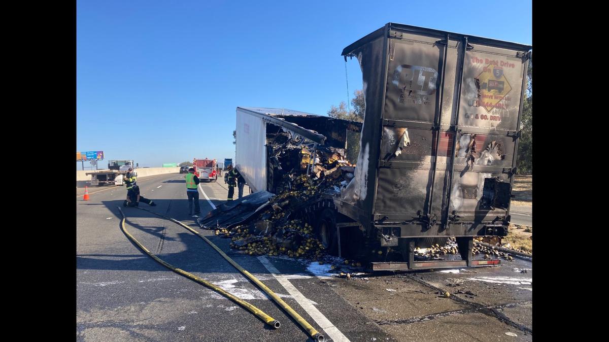 A big rig hauling lemons caught fire on the Capital City Freeway on Wednesday, Nov. 25, 2020, the Sacramento Fire Department said. No one was injured.