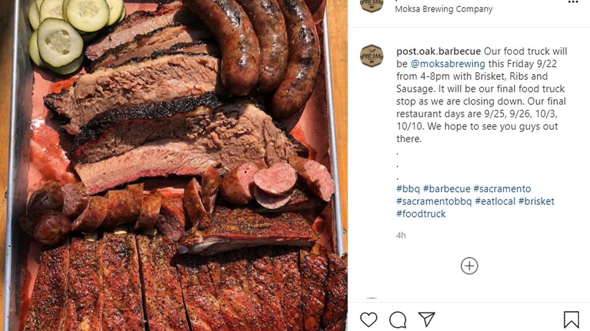 Both Post Oak Barbecue’s roving food truck and Arden Arcade restaurant will close for good next month, according to a social media announcement Monday.