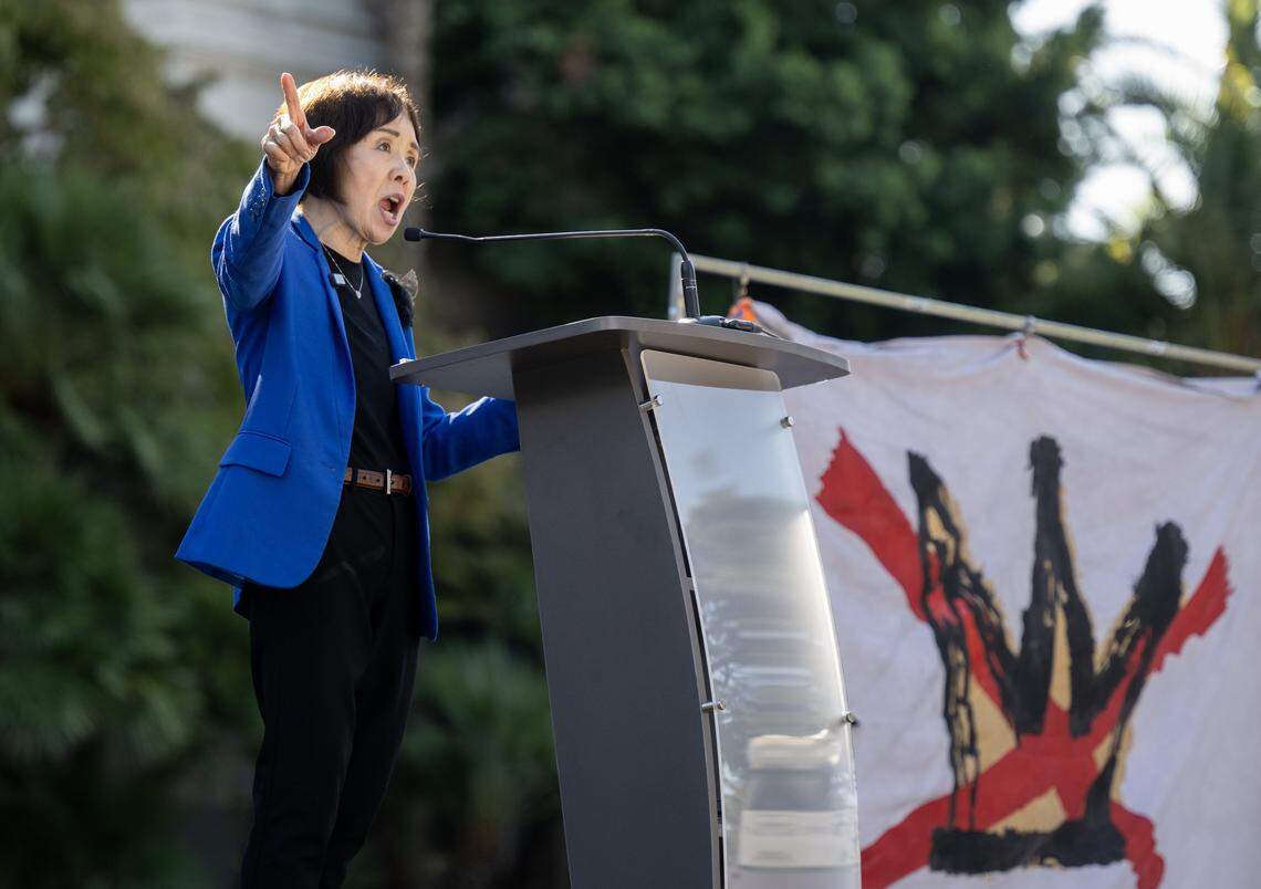 Rep. Doris Matsui, D-Sacramento, speaks to an estimated crowd of 7,000 people gathered during the "No Kings" protest at state Capitol on Saturday. “In Sacramento, we believe leadership means compassion – not chaos,” she said.