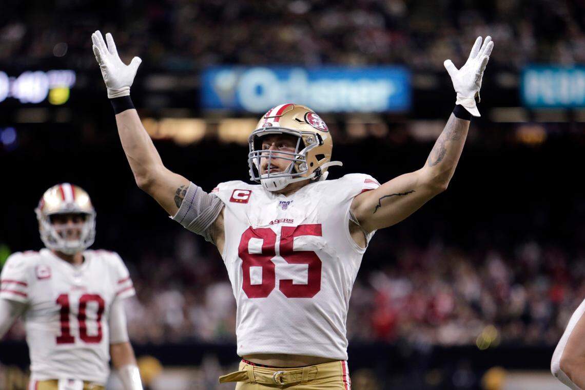San Francisco tight end George Kittle celebrates his touchdown in the second half of a 48-46 win over the New Orleans Saints on Sunday.